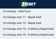 Available cricket markets at 20Bet